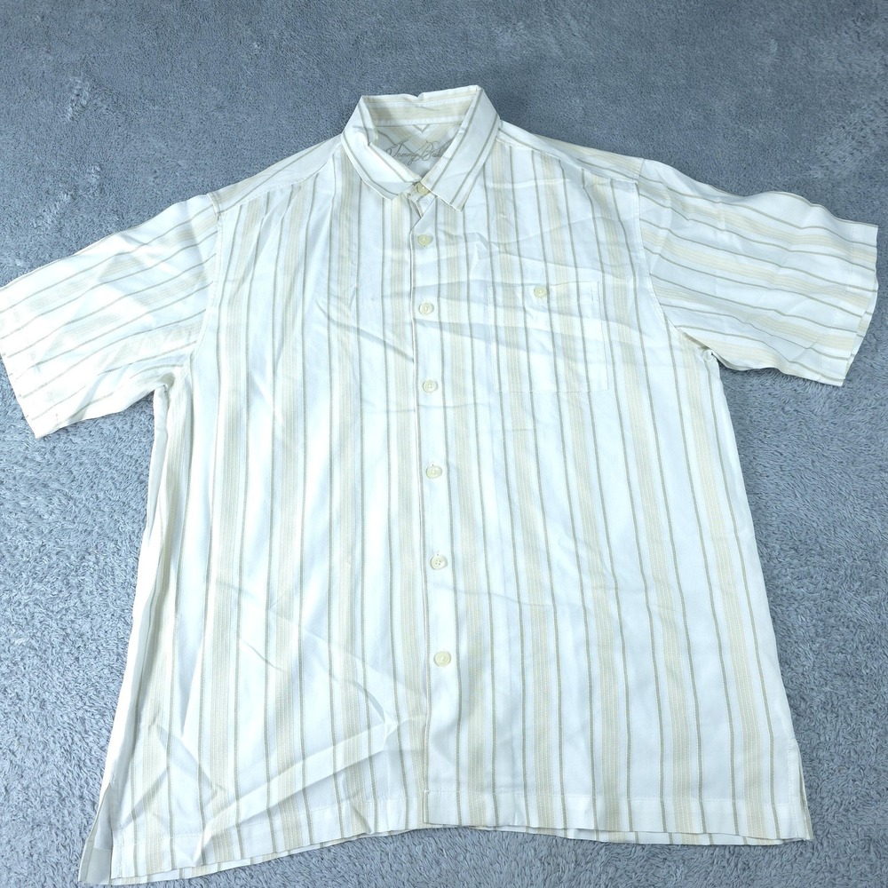 Tommy Bahama Shirt Mens Large White Striped Short Sleeve Button Up Tencel Casual